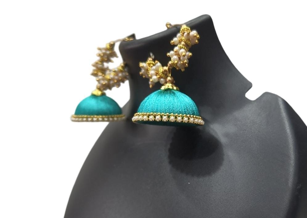 "Stunning Aqua Blue Silk Thread Jhumka Earrings with Pearl Beads for Women"