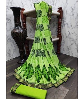 Kanooda Prints Georgette Printed Saree With Unstitched Blouse Piece ( Green )