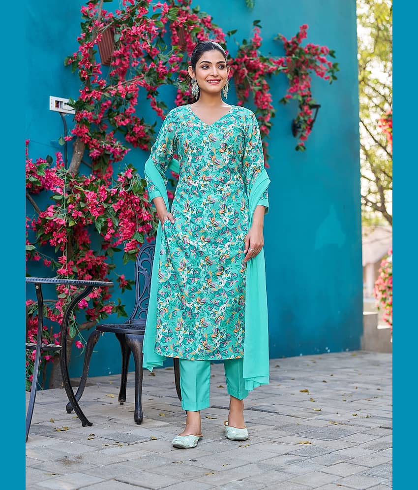 VIBE VISION Viscose Self Design Kurti With Pants Women's Stitched Salwar Suit - Teal ( Pack of 1 )