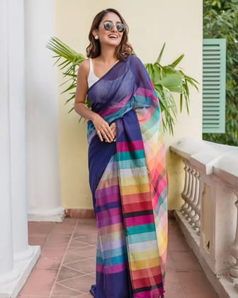 Navy Blue Linen Cotton Digital Printed Saree with Multicolor Stripes & Handmade Tassels