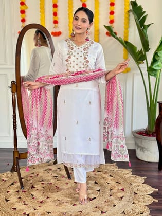 Beautiful Viscose Chanderi Embroidered Straight Kurta with pant and dupatta sets-S