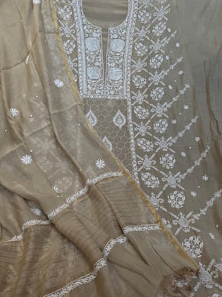 Mul Chanderi Chikankari - Heavy Unstitched Set - Beige-Beige / Mul Chanderi