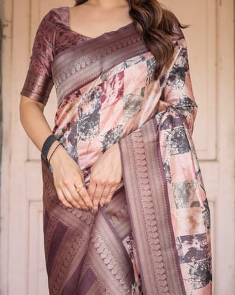 Mauve Banarasi Silk Saree with Abstract Checkered Digital Print & Zari Border-Regular