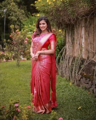 Women's Soft Lichi Silk Printed Saree With Unstitched Blouse 5.5Mtr (Pink)-PID63690
