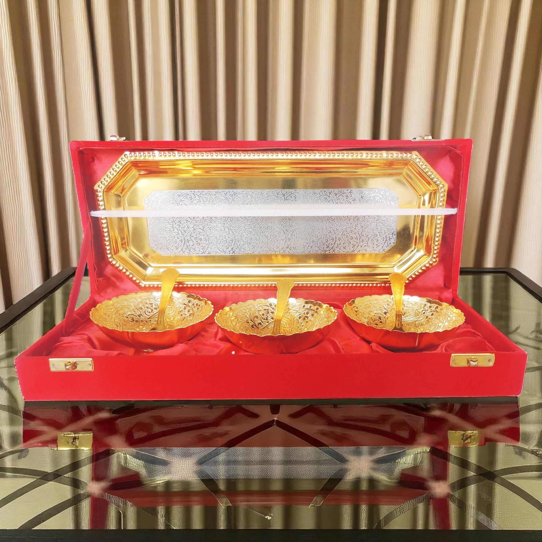 Decorative Brass 3 Pcs. Decoratice Bowl Set With Velvet Box (BMAS285 C)