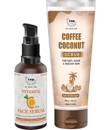 TNW - The Natural Wash Combo of Coffee Coconut Scrub with Vitamin C Face Serum Facial Kit 130ml mL Pack of 2