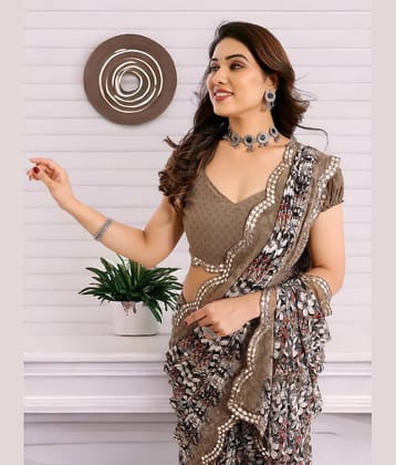 TTH Georgette Printed Saree With Unstitched Blouse Piece ( Brown )