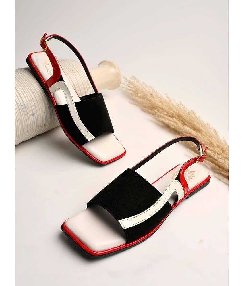 Shoetopia Solid Square Toe Black & Red Flat Sandals For Girls