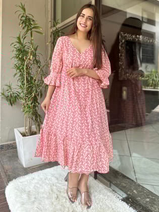 Pink Paisley Cotton Midi Dress-L