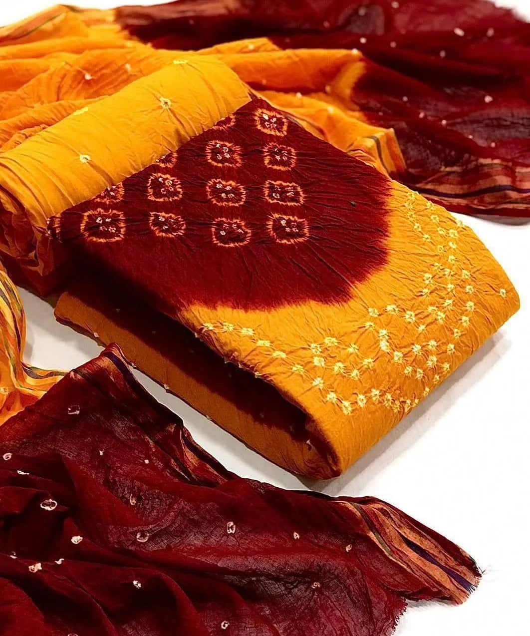 Cotton Dual Contrast V panel Bandhani Material (Unstitched)-Red