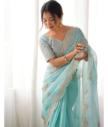 Samah Tissue Embroidered Regular Saree With Unstitched Blouse Piece ( Blue )