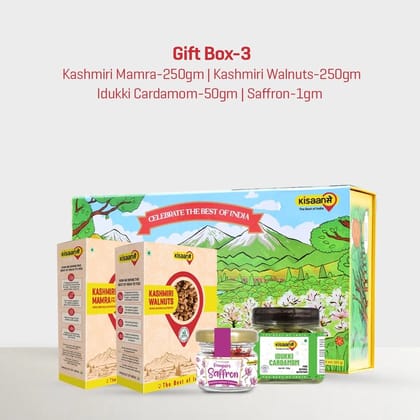 KisaanSay Gift Box-3 -Mamra 250g - Walnuts 250g - Cardamom 50g - Saffron 1g