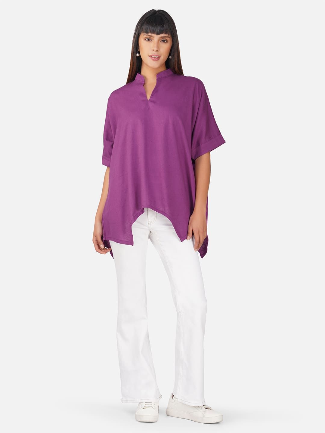 Purple V-Neck Cotton Slub Kaftan Top-S