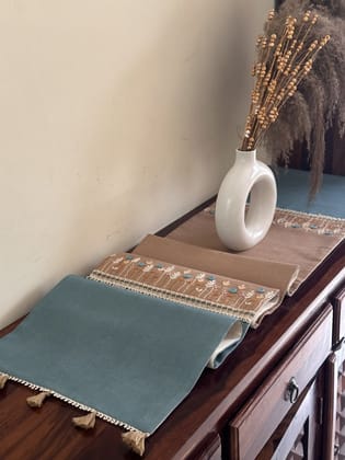 KRI India Bloom Sky of Flowers Table Runner|14x75 inches runner | Turquoise & Brown  | Wash & Care | 100% Cotton | Handcrafted in India. 100% organic & natural.