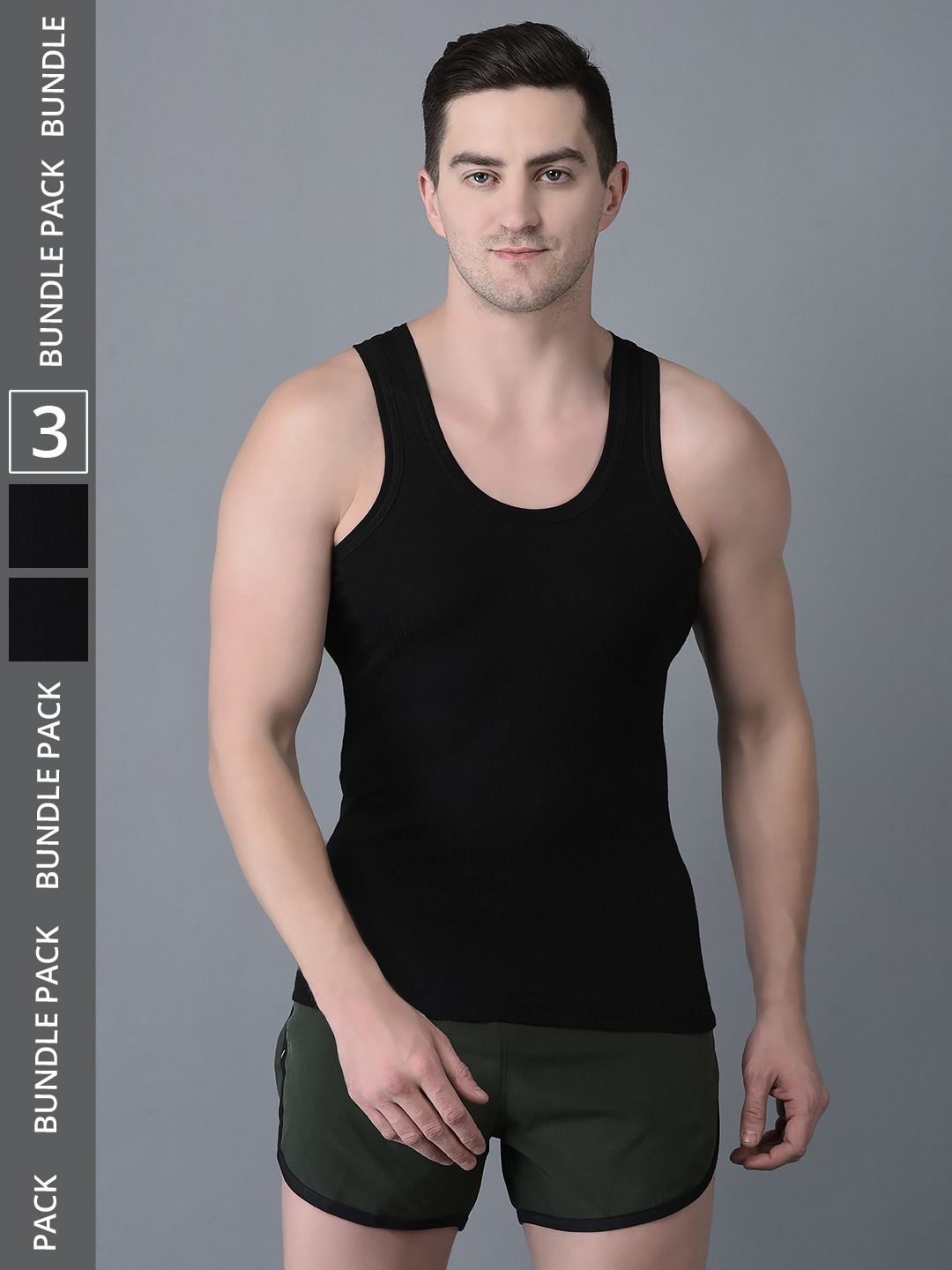 Men's Black Pack of 3 Solid Combed Cotton Vest