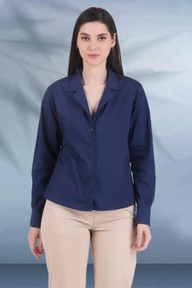 Open Collar Poplin Shirt, Blue-XS