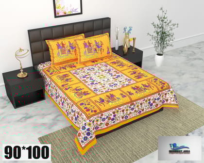 2001-Bedsheet Adda-Pure Cotton Jaipuri Printed Double Bedsheet With 2 Pillow Covers-Gangour 
