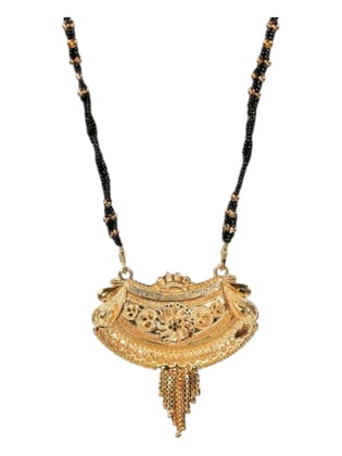 Traditional Gold-Tone Mangalsutra – Double Chain & Black Bead Design with Detailed Pendant | 10×10×1.5 cm