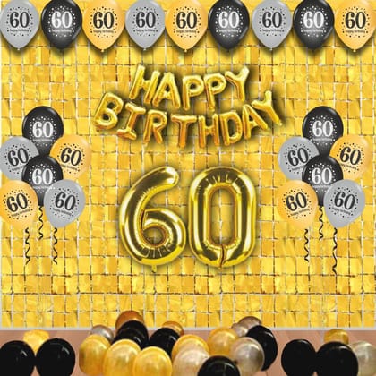 The Magic Balloons- Happy 60th Birthday decoration kit combo- 46 pcs Black Gold & silver 30 pcs rubber balloons, Happy Birthday foil banner, 2pcs Golden foil Curtain