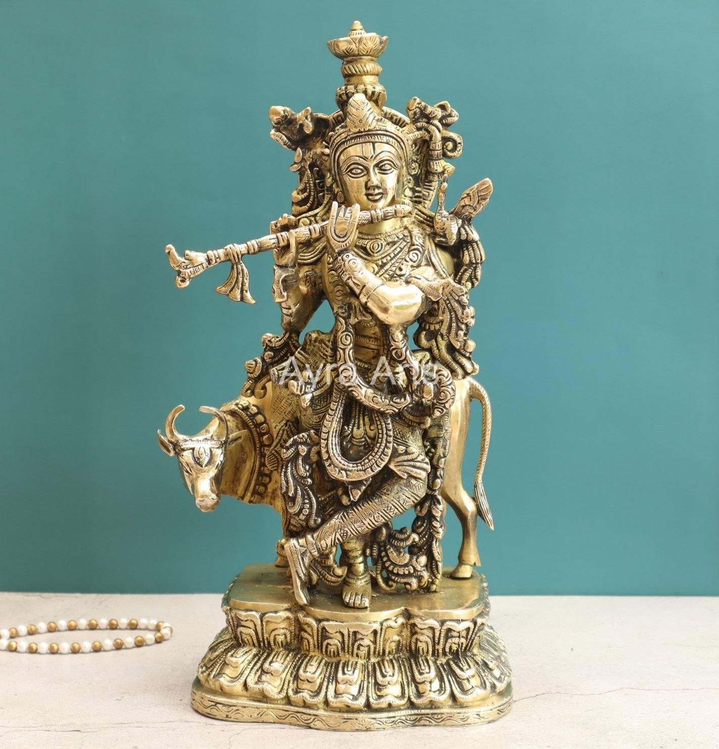 Handcrafted Lord Krishna With Cow Statue in Brass - 17 Inch Height