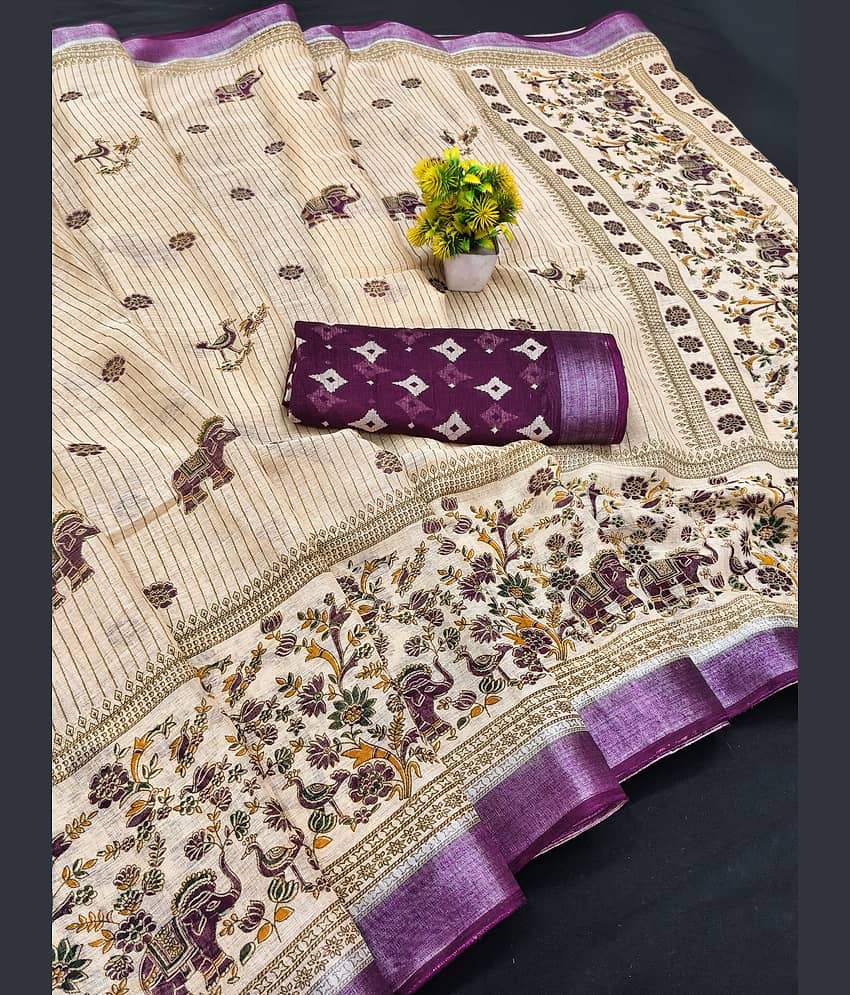 HEMA SILK MILLS Linen Printed Regular Saree With Unstitched Blouse Piece ( Light Blue )