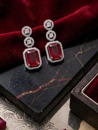 Generic Women's Brass Silver Plated Drop Earrings (Red)-PID66250