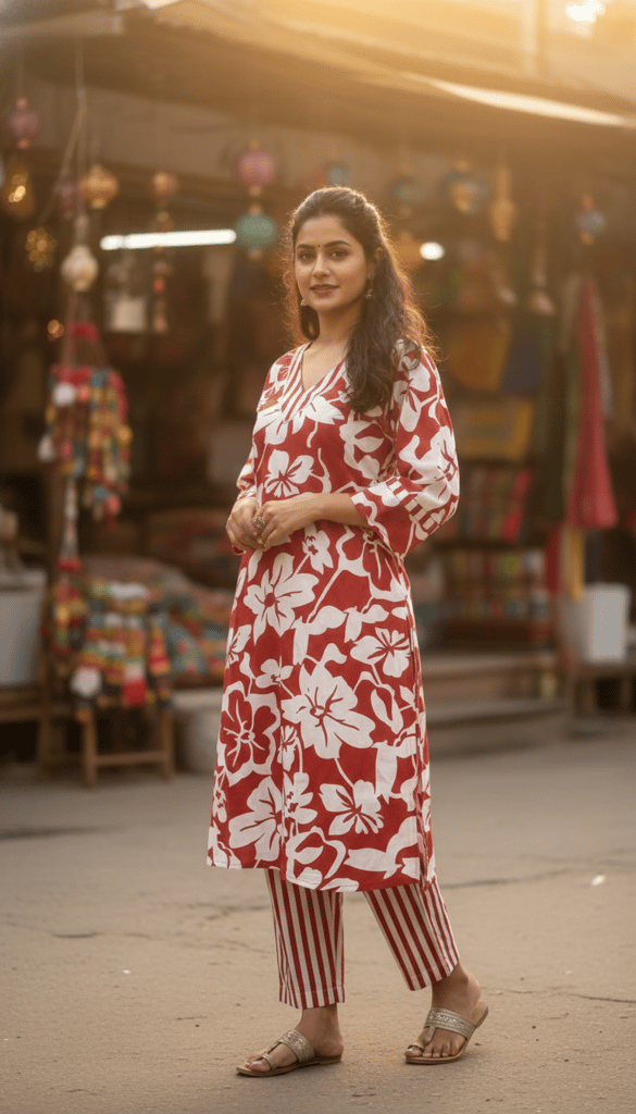 Maroon Floral Cotton Kurti Pant Set for Women | V-Neck Printed Kurti with Striped Pants | Casual Daily Wear