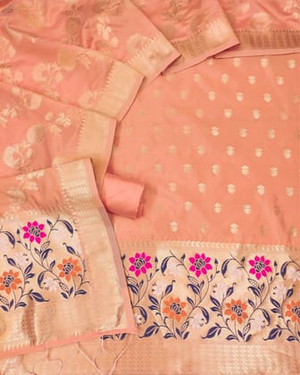 Noor-e-Banaras Brocade Weaving Lichi Silk Peach Suit