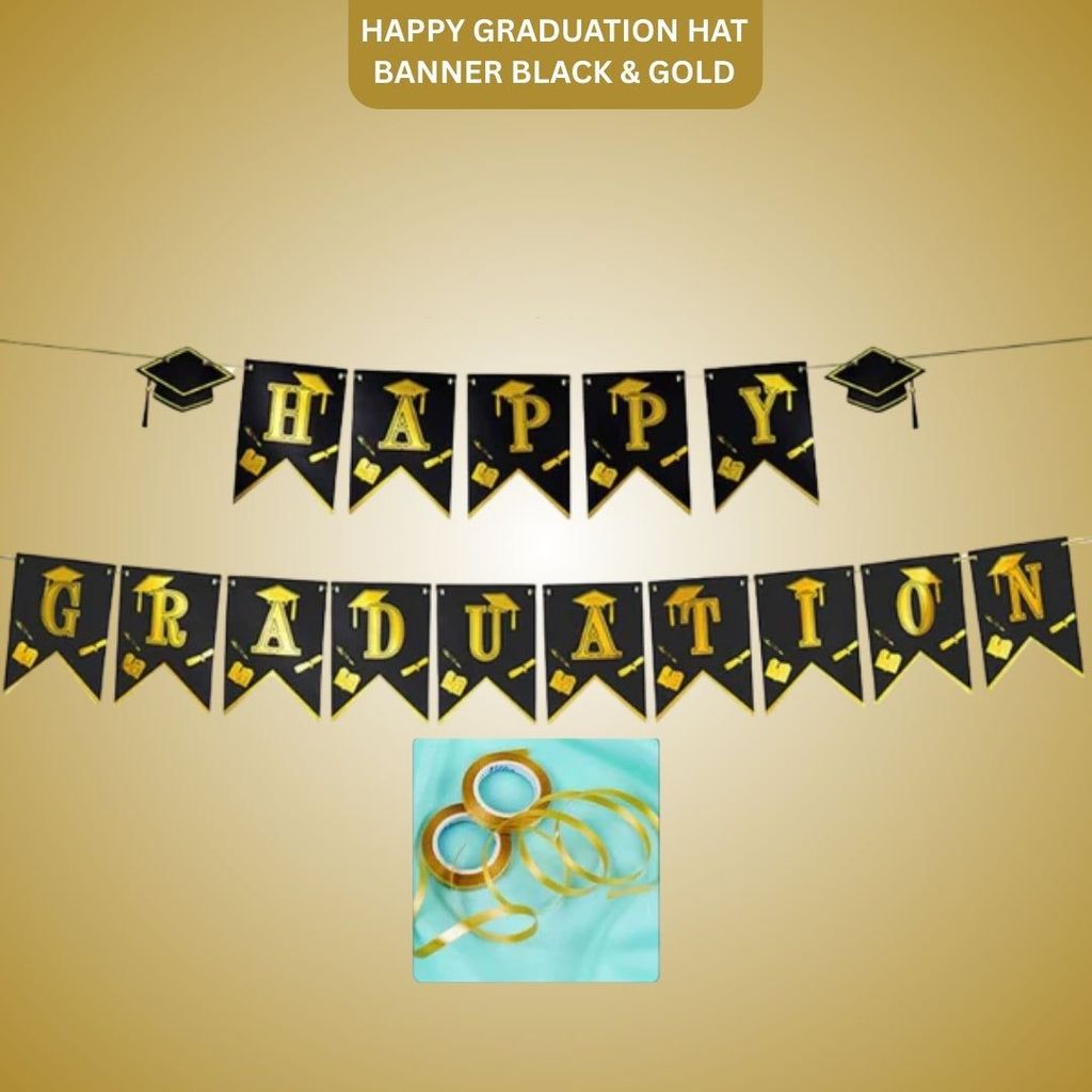 Happy Graduation Hat Banner Black & Gold - Party and Festive Needs | Buy online on ZillyBuy