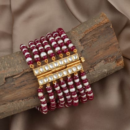Kundan Pearls And Ruby Gold Plated Silver Bracelet