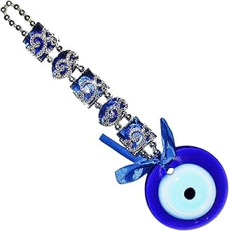 Real Seed Evil Eye Car & Door/Office Hanging for Good Luck and Prosperity Showpiece Awesome Blue Gems in Silver Frame Box - 29 x 8 CM