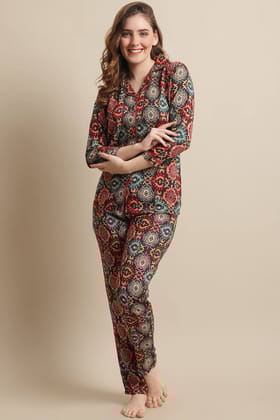 Brown Abstract Printed Viscose Rayon Nightsuit for Women-s