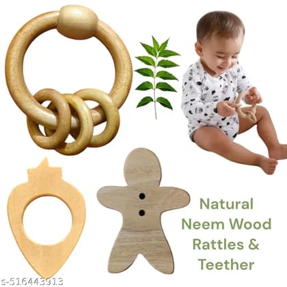 Natural Neem Wood Ring Rattle with Teether(Human Shape and Strawberry Shape with Ring Rattles 3 inch) Pack of 3 Items