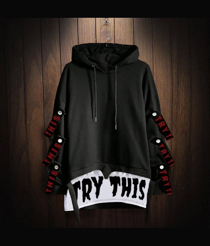 Try This Cotton Blend Regular Fit Colorblock Full Sleeves Men's Hooded T-Shirt - Black ( Pack of 1 )