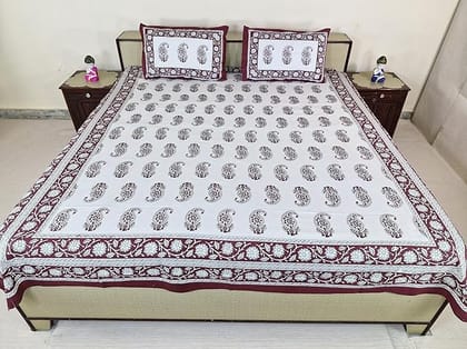 Bedsheet with Pillow Covers,Paisley Print Cotton Double, 210 cm X 226 cm, Maroon and White, Best use at Single Bed and Deewan