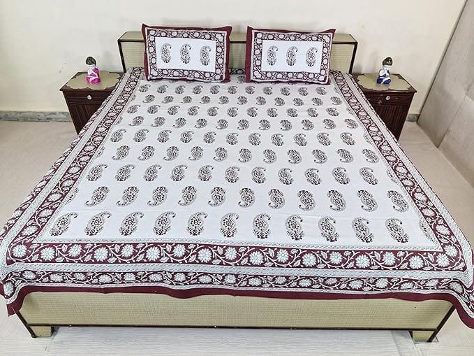 Bedsheet with Pillow Covers,Paisley Print Cotton Double, 210 cm X 226 cm, Maroon and White, Best use at Single Bed and Deewan