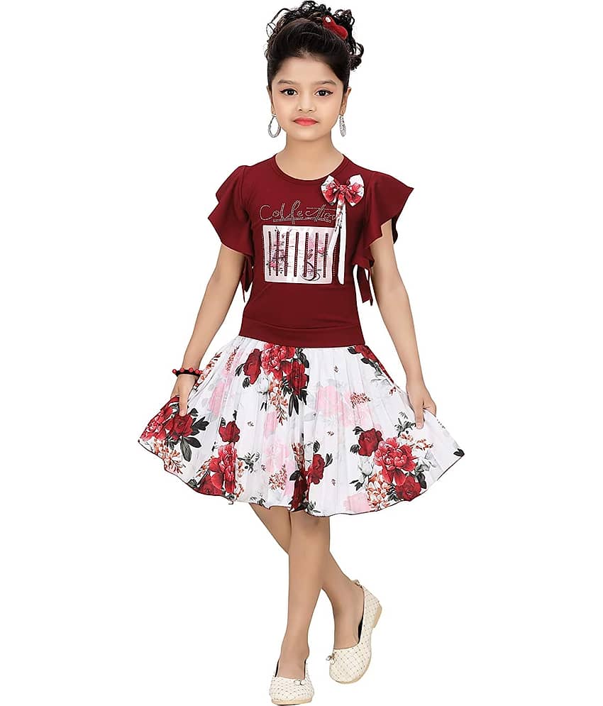Cherry Tree Girls Cotton Blend Top With Skirt ( Red )