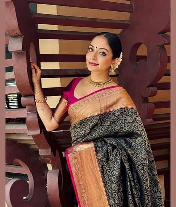 fab woven Art Silk Woven Design Banarasi saree With Unstitched Blouse Piece ( Navy Blue )