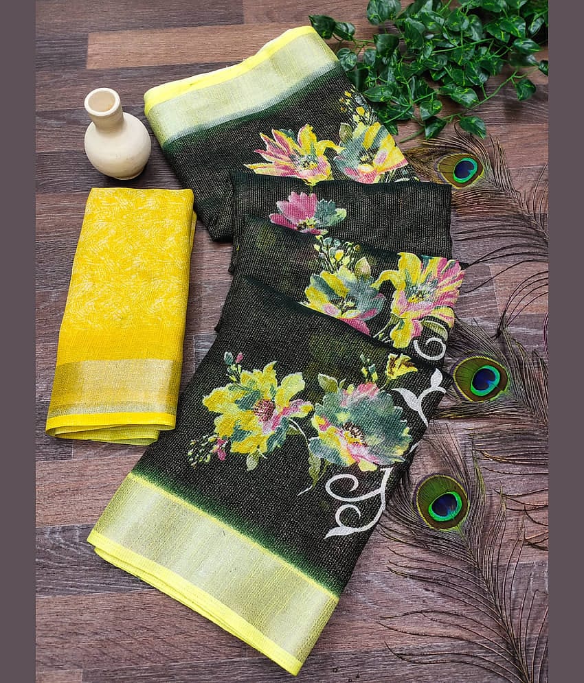 Kashvi Sarees Linen Printed Ilkal Saree With Unstitched Blouse Piece ( GREEN )