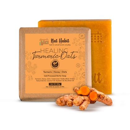 Nat Habit Turmeric Oats Bath Butter Soap | Ayurvedic Body Tan Removal for Women & Men | De-Tan, Anti Tan & Antibacterial Bar| Scar Reduction & Deep Cleansing | Handmade Haldi Soap | 125g Nat Habit Turmeric Oats Bath Butter Soap | Ayurvedic Body Tan Remov