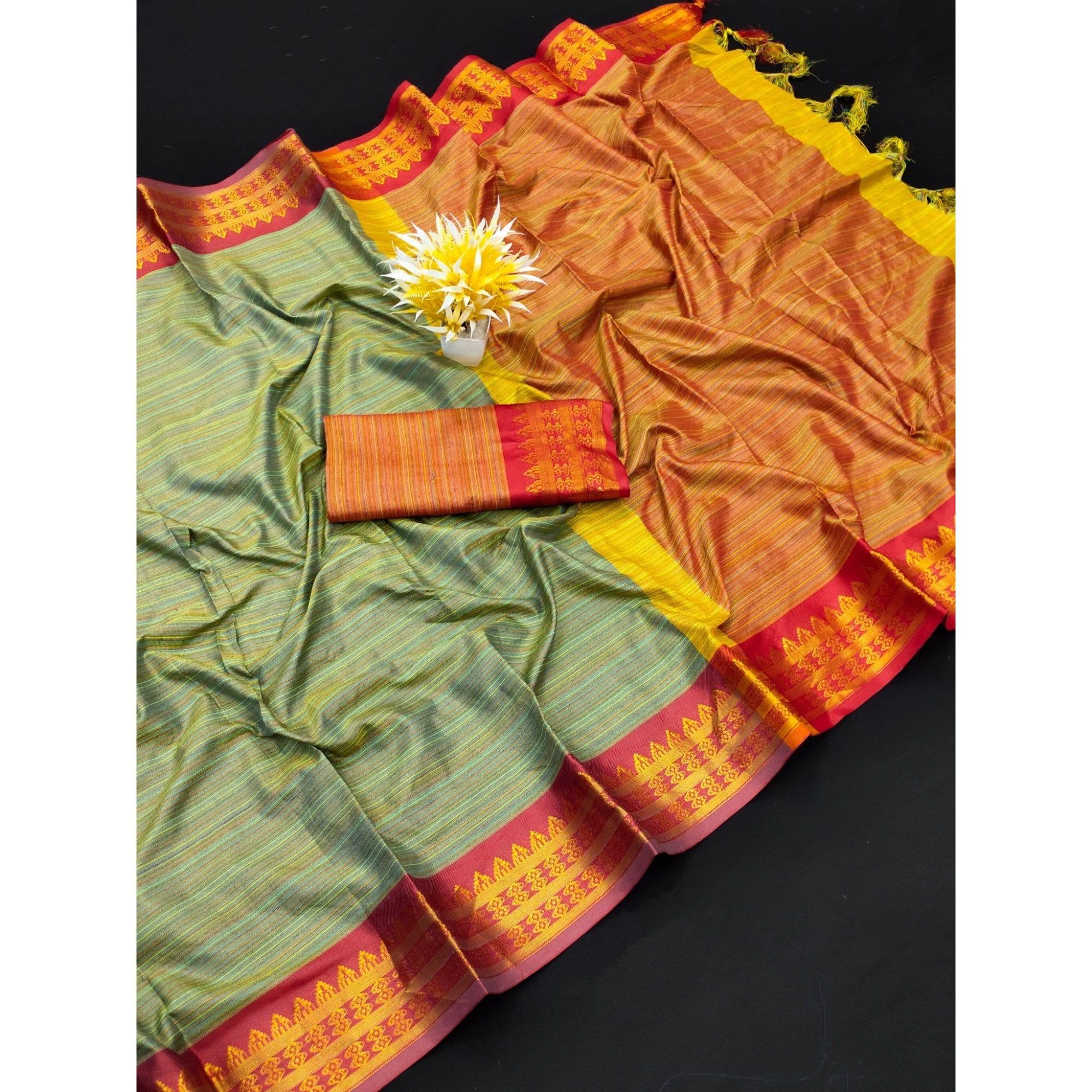 TheHangr Green With Red Border Beautiful Festive Wear Saree With Blouse Piece