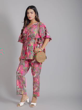 Tropical Pink Print on Green Cotton Kaftan Top Pant Set-S