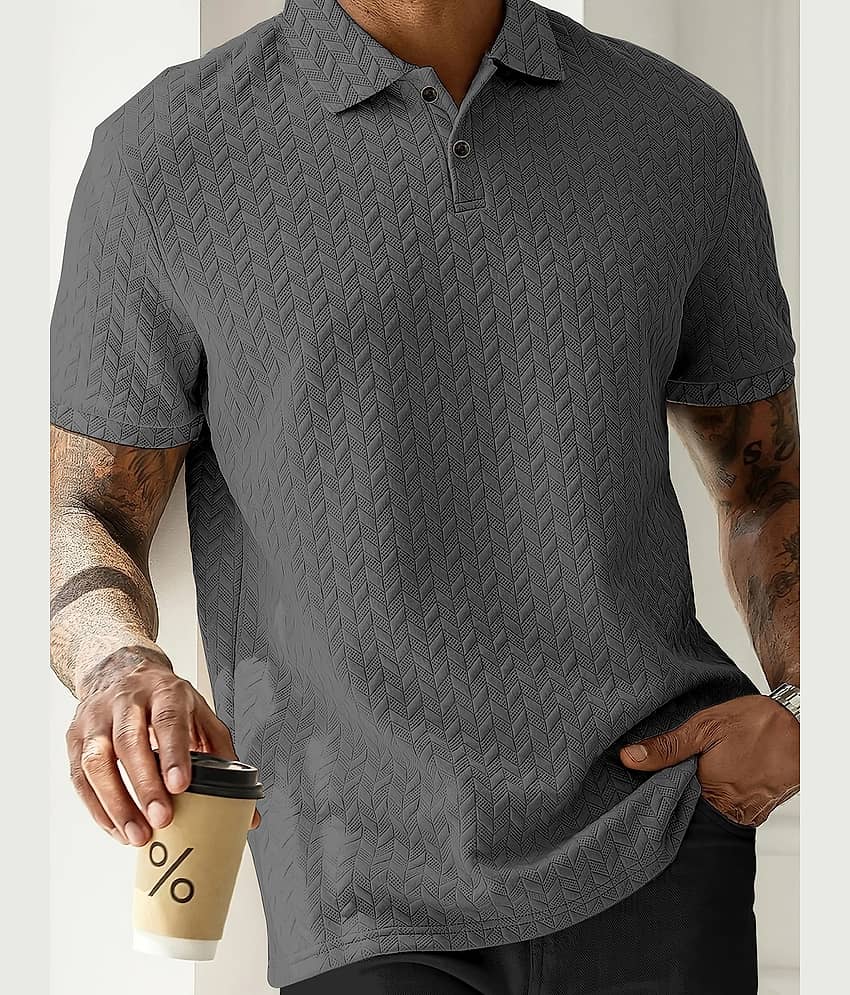 KAJARU Men Cotton Blend Regular Fit Self Design Polo T Shirt ( Grey )