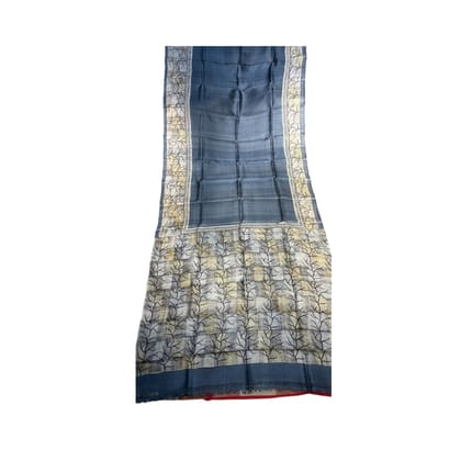 Luxurious Handcrafted Tassel Silk Saree with Elegant Tree Motifs, Contrasting Borders, and Traditional Handblock Print - Ideal for Weddings and Special Occasions