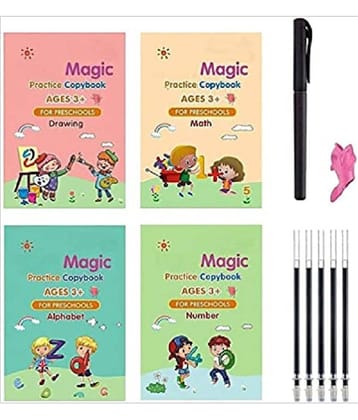 Sank Magic Practice Copybook, Number Tracing Book for Preschoolers with Pen, Magic Calligraphy Copybook Set Practical Reusable Writing Tool Simple Hand Lettering (4 Books + 5 Refill)