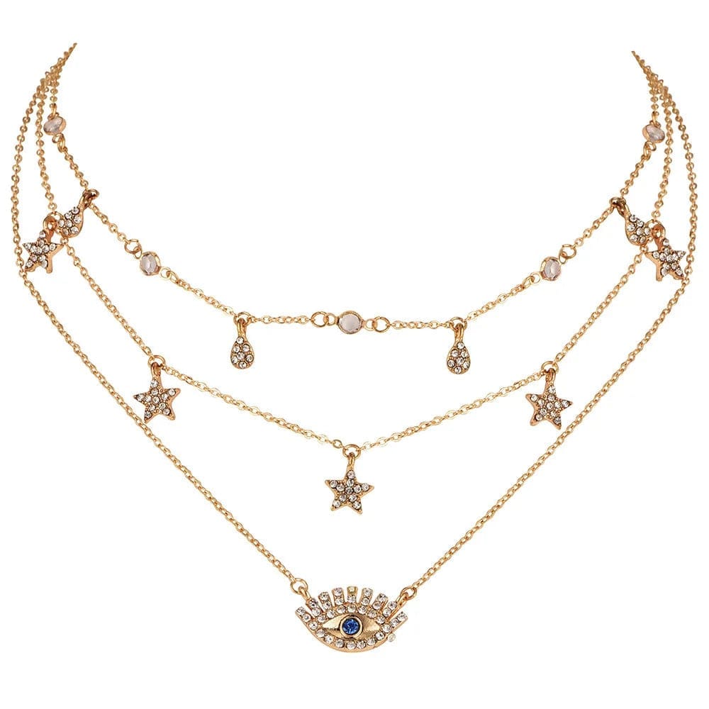Drop Shipping Fashion Gold Plated  Evil Eye Star  Rhinestone Layered Choker Necklace Collar Gargantilla
