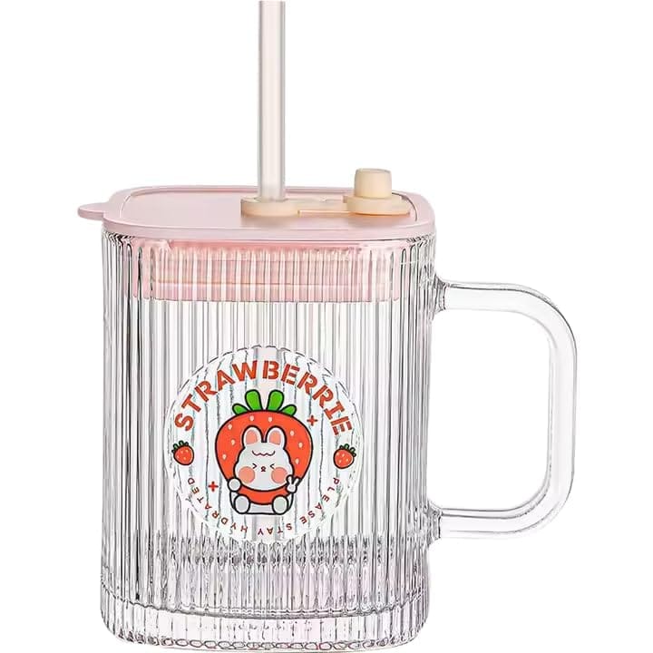 Drinking Glasses 400 ML Coffee Mugs with Handle Lid and Straw Tumbler Travel Sipper Cup for Milk Juice Cocktail Iced Tea Hot Cold Drink Kids Cup (Set of 1) Multi-Colour