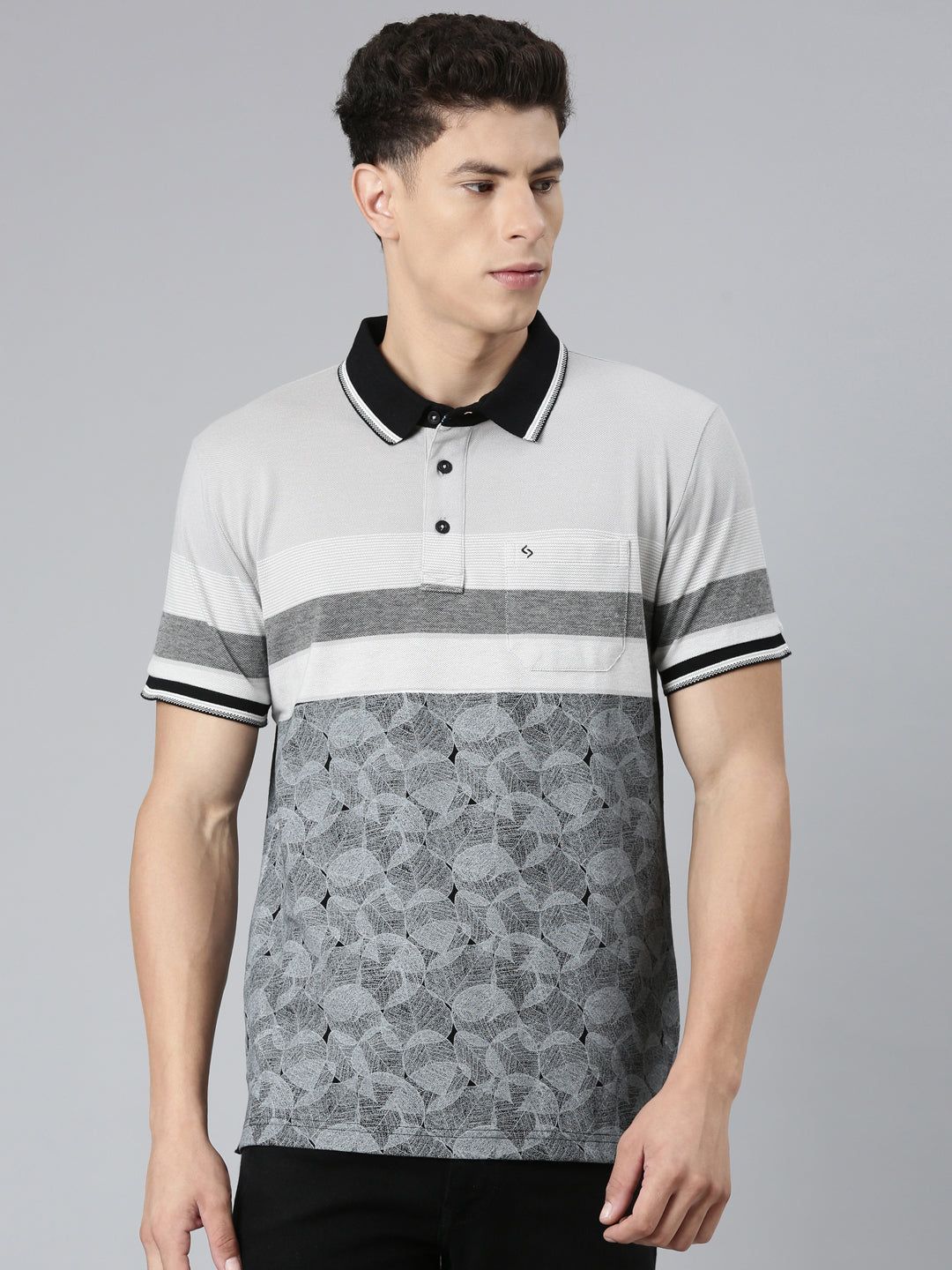 Classic Polo Mens Printed Grey/Black Polo Neck Slim Fit T-Shirt | VTA - 266 B SF P
