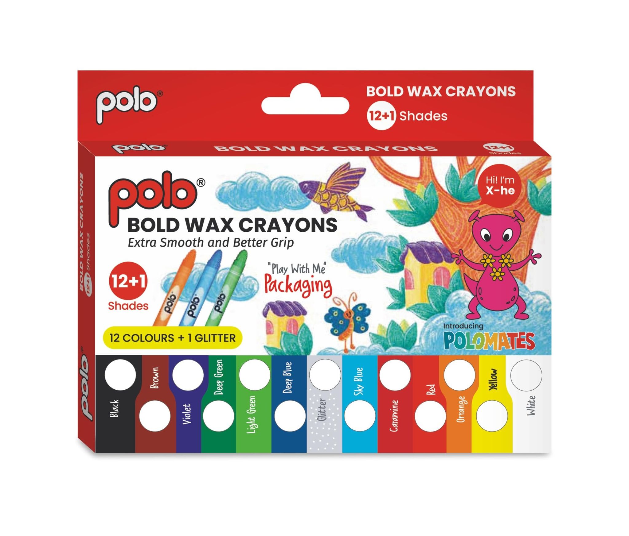 polo Bold Wax Crayons Set Pack of 2 | 12+1 Shades with Glitter | Extra Smooth & Non-Toxic | Easy Grip & Durable | Perfect for Kids & Adults | Ideal for Drawing & Coloring