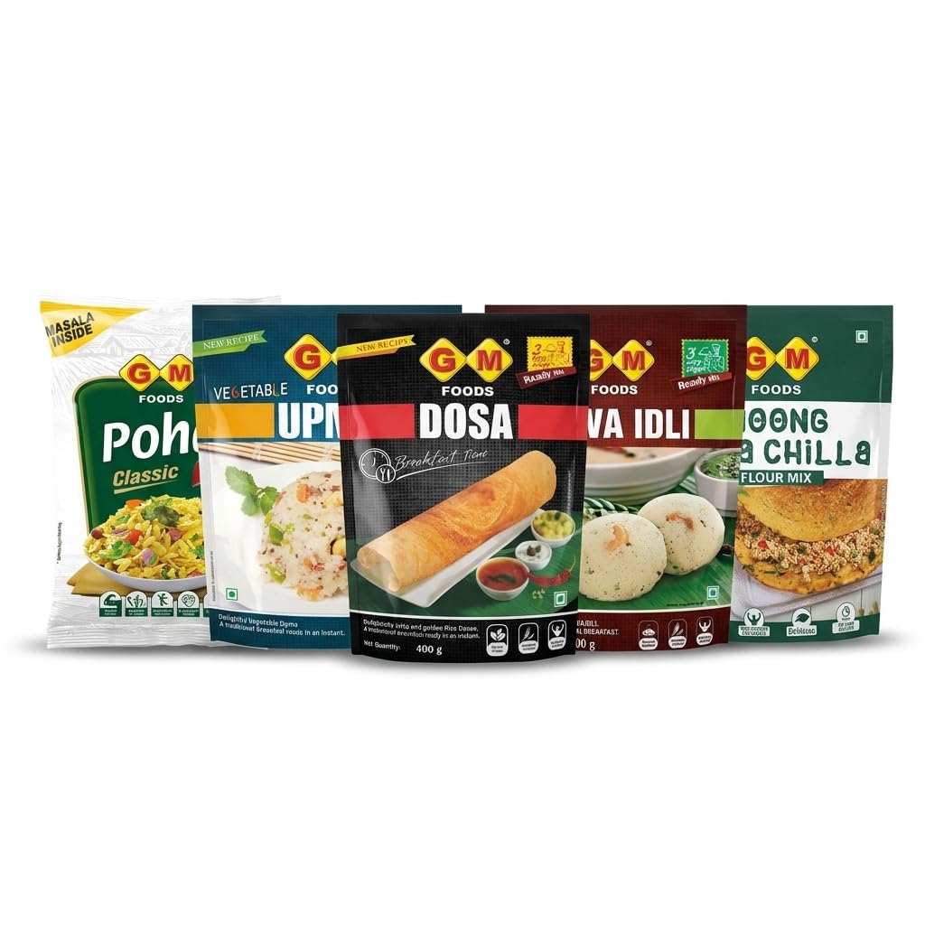 GM Foods Monday to Friday Breakfast Box Combo – Poha 500g, Vegetable Upma, Dosa Mix, Rawa Idli Mix & Moong Tawa Chilla Flour Mix | 5 Breakfast Essentials, 2.1kg